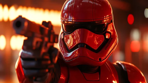 Red armored sci fi trooper aims pistol in neon corridor.