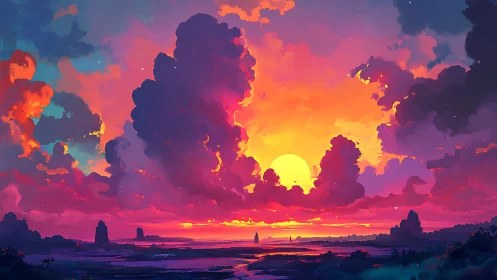 Vibrant digital seascape sunset ignites towering cloud forms