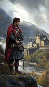 Highland warrior overlooks stone castle within misty river gorge