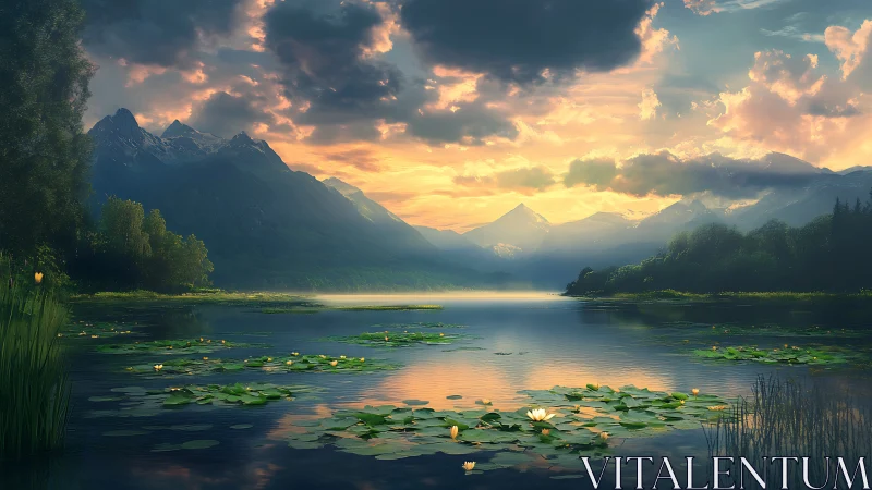 Sunlit mountain lake with lilies under glowing clouds.
