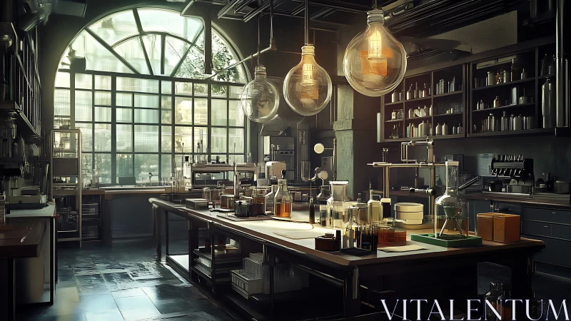 Industrial daylight chemistry lab with vintage glasswork and rigs