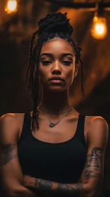 Cinematic portrait with warm bokeh lighting and bold posture.