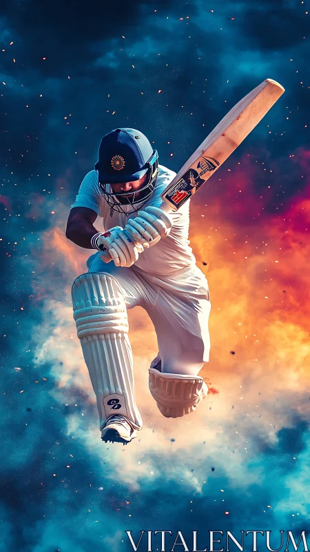 Dynamic cricket batter leaps into a powerful, fiery shot