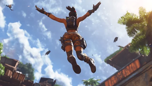 Dynamic 3D action plunge with low-angle combat perspective.