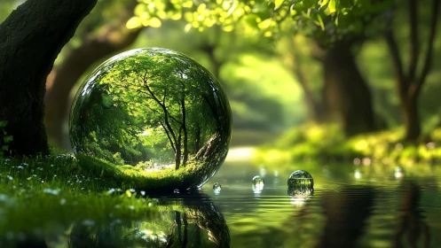 Enchanted forest reflected in glass sphere, photorealistic fantasy style.