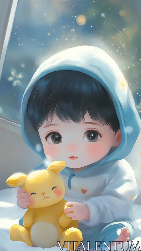 Child in blue hoodie holding yellow plush toy on bed.