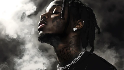 Portrait of tattooed man exhaling smoke in moody darkness.