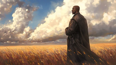 Solitary wanderer surveys windswept golden prairie under clouds.