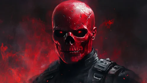 Red skeletal head figure in dark uniform with smoke field.
