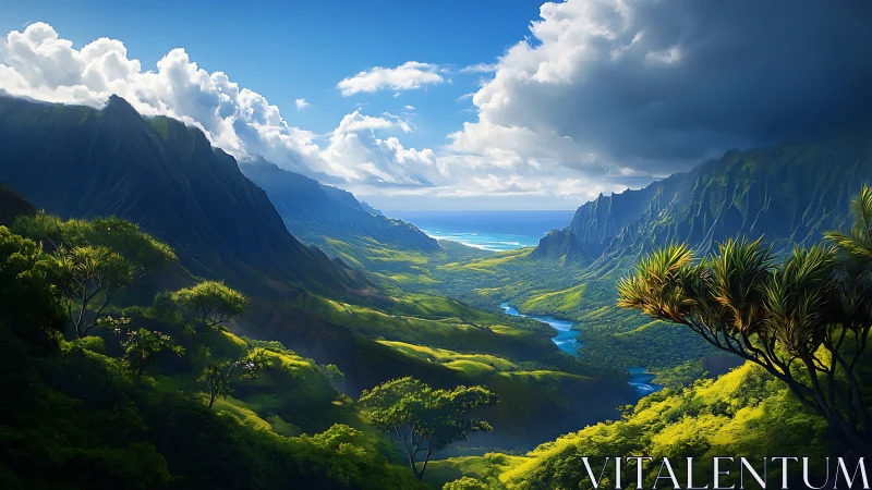 Lush coastal valley with steep mountains and distant ocean.