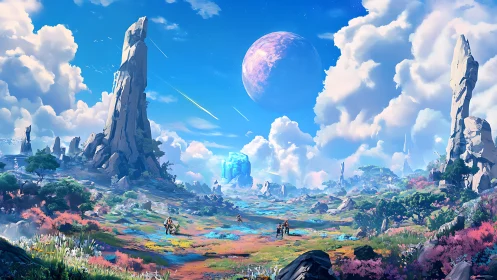 Expansive alien valley with monumental spires, digital painting.