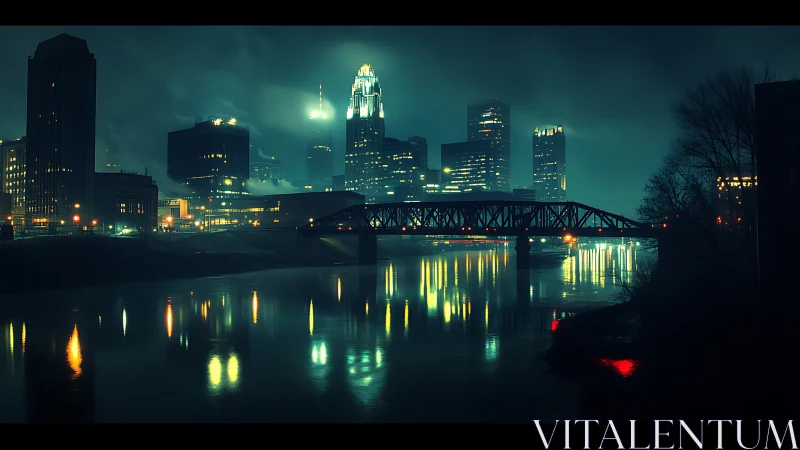 Urban river skyline at night with illuminated bridge reflections.