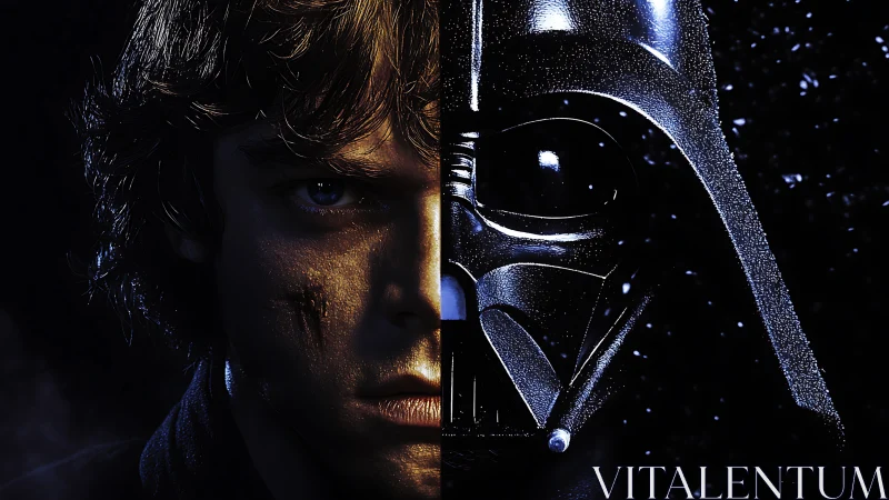 Split destiny portrait of scarred hero and masked shadow twin.