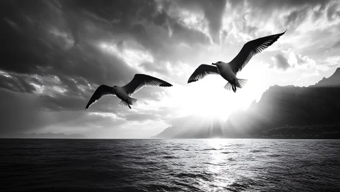 Monochrome seabirds intersecting backlit marine horizon.