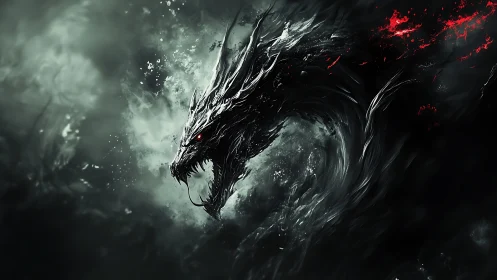 Dark dragon serpent emerging from swirling storm void