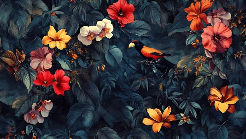 Dark botanical composition with flowering plants and bird.
