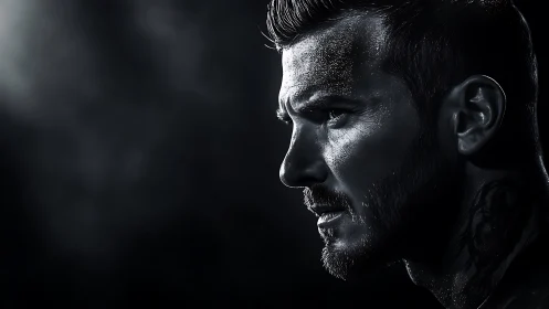 Monochrome male profile portrait in dramatic side lighting.