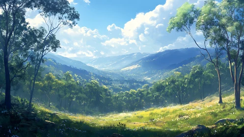 Mountain Valley's Gentle Embrace in Sunlit Green.