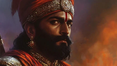 Regal warrior portrait in ornate turban and armor detail.