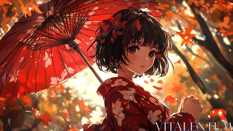 Crimson parasol girl wandering through a glowing autumn dream.