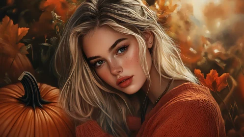 Autumn portrait of blonde woman with pumpkin and warm light.