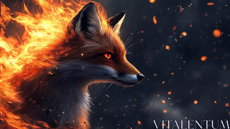 Digital render depicts fox profile integrated with stylized fire