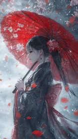 Red umbrella reverie with falling blossoms in soft rain.