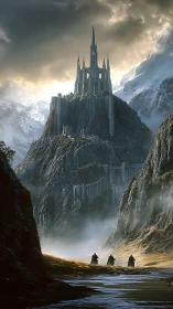 Towering gothic citadel rises above misty mountain pass