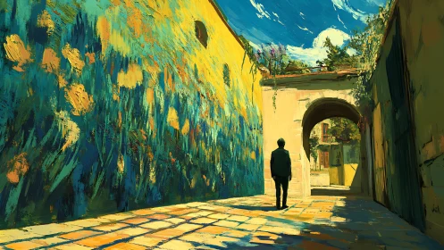 Solitary figure stands in sunlit alley beside mural wall