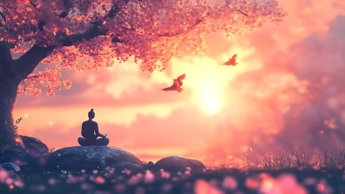Digital painting of meditative figure under luminous sakura canopy.