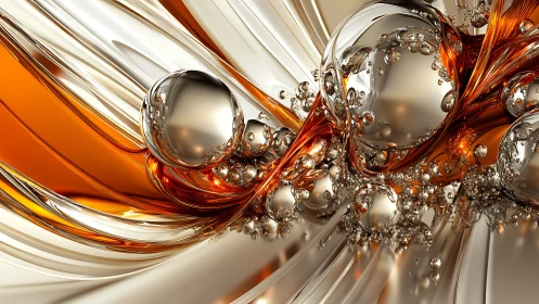 Molten chrome spheres in flowing amber metallic ribbons.