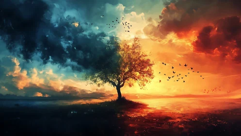 Surreal tree in dramatic sunset and stormy sky digital art.
