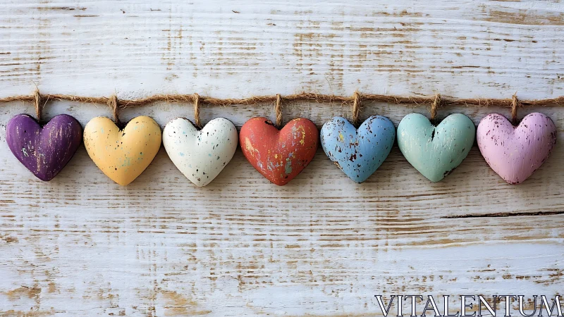 Rainbow Hearts Strung Together on Weathered Wood.
