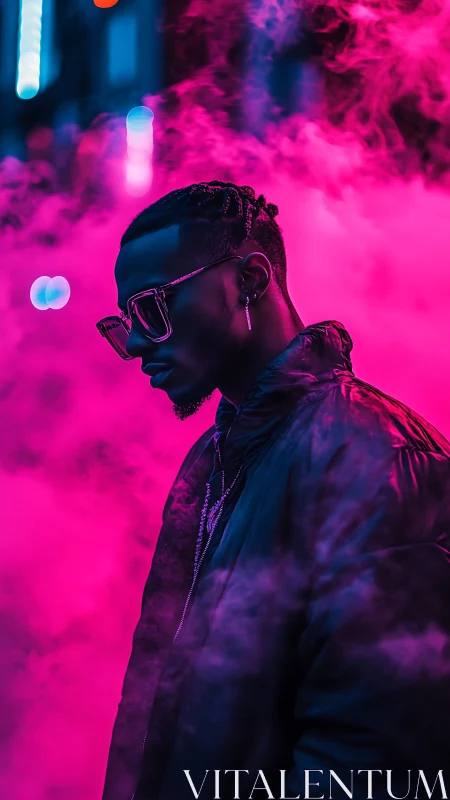 Neon-lit portrait captures urban style in vibrant magenta haze.