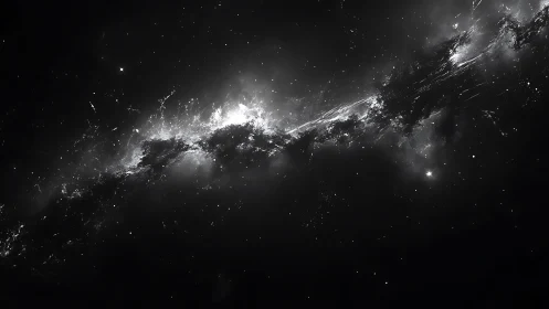 Monochrome galactic nebula streak cuts through deep void.