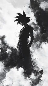 Silhouetted warrior stands in swirling monochrome smoke
