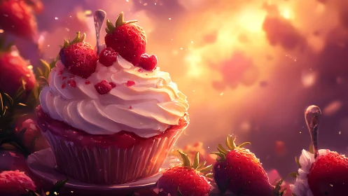 Luminescent Confection: 3D Rendered Cupcake with Berries.