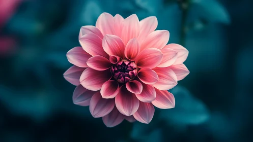 Pink Dahlia Flower Against Teal Blurred Background