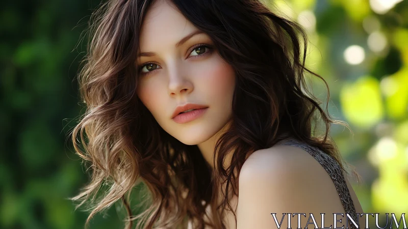 Soft-focus portrait with natural bokeh garden backdrop.