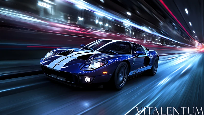 Aerodynamic blue sports car under motion-blurred urban light streaks