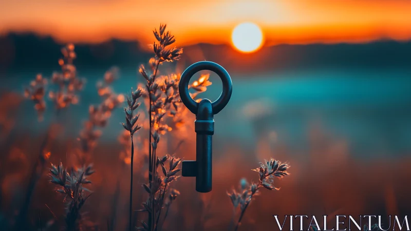 Metal key suspended over defocused field at sunset