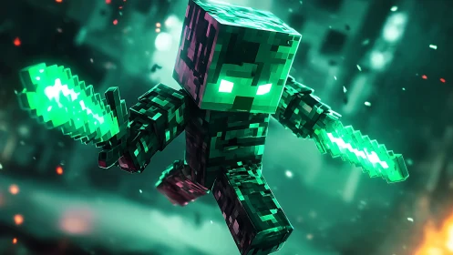 Emerald voxel warrior dives through neon storm of pixels.