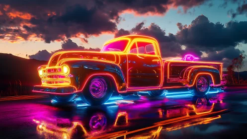 Neon outlined vintage pickup truck on wet road at dusk.