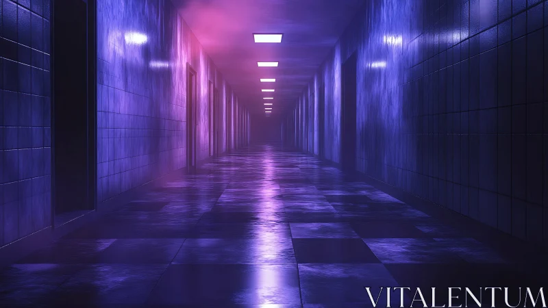 Moody neon hallway glows with purple and pink reflections