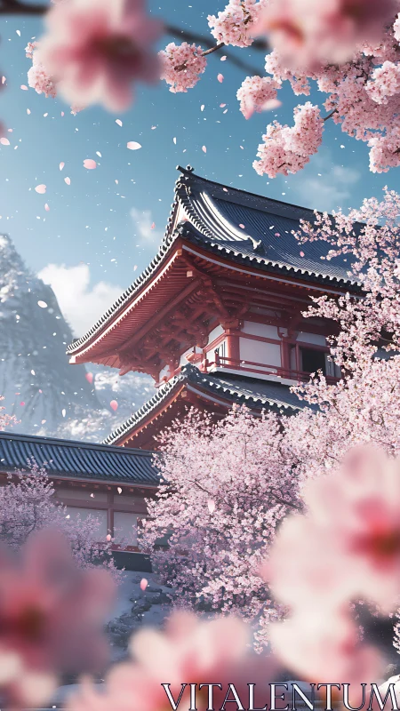 Temple roof dreaming under a storm of cherry blossoms.