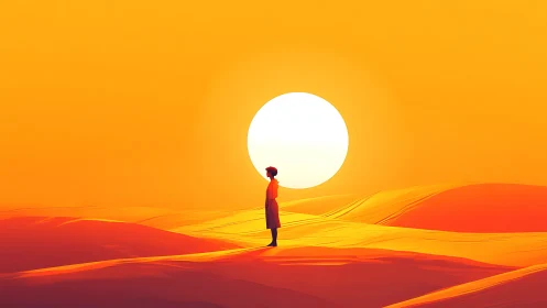 Solitary figure studies blazing sun over flowing dunes.