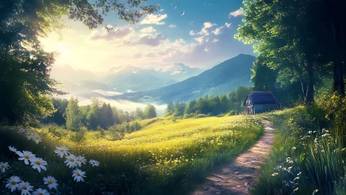 Sunlit mountain meadow surrounds solitary rustic cabin