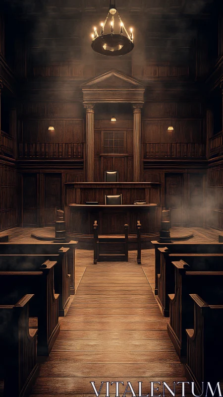 Dimly lit wooden courtroom interior evokes solemn justice.