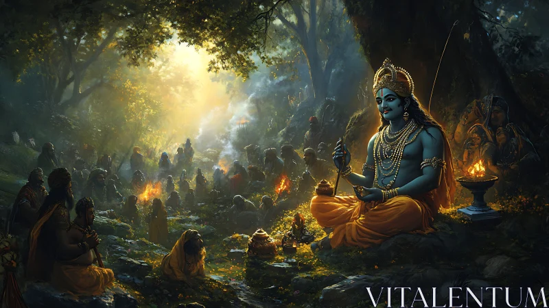 Blue-skinned deity teaching gathered devotees in forest