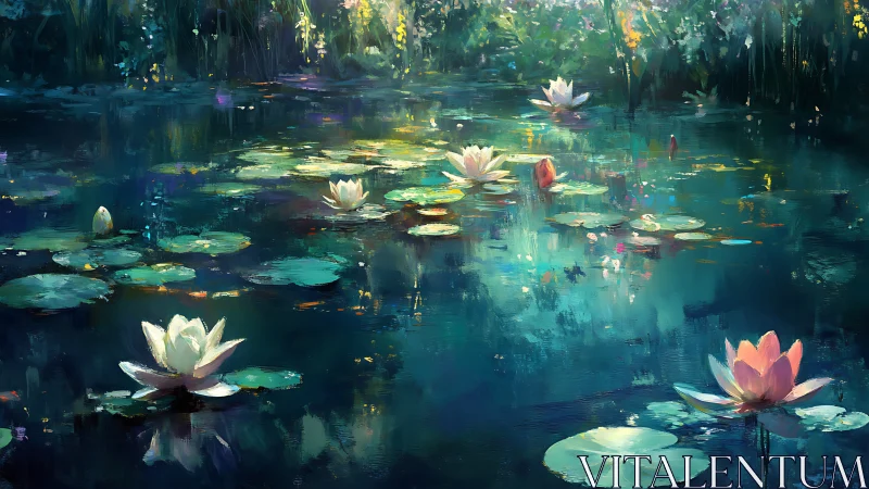 Moonlit lilies drift like quiet lanterns across teal water